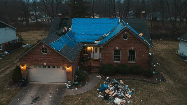 Damaged House Roof After Storm with Blue Tarps on Brick Exterior