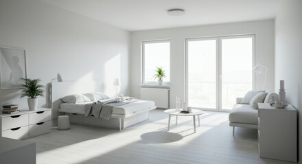 Bright Minimalist Bedroom with Large Windows and White Furniture