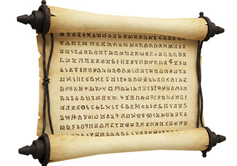 Obraz premium A tan rolled scroll filled with dark stylized script bound with dark rope The scroll has dark finials on each end set against a black background