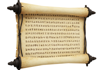 A tan rolled scroll filled with dark stylized script bound with dark rope The scroll has dark finials on each end set against a black background