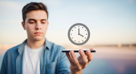 Young Man Controlling Time with Smartphone Outdoors