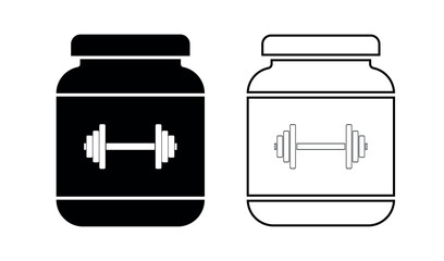 Gym Supplement Jar Vector Icon – Black and White Protein Bottle with Muscle Arm Label – Fitness and Bodybuilding Concept