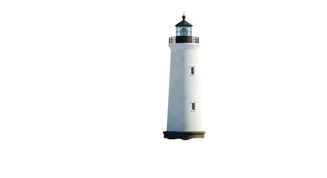 A white lighthouse with two windows stands against a black background Its top section is darker capped with a dome