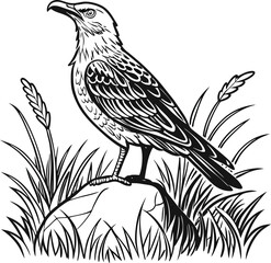Detailed Black and White Bird Line Drawing on Rock in Grassy Landscape