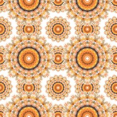 A vibrant seamless pattern featuring intricate orange and brown mandala-like designs on a white background. Ideal for textile prints, home decor, flooring, tapestries, and varabstract seamless pattern