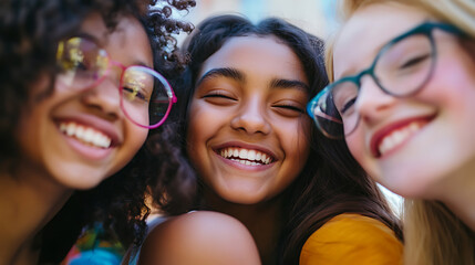 Three young women smiling closely together, wearing glasses and colorful outfits