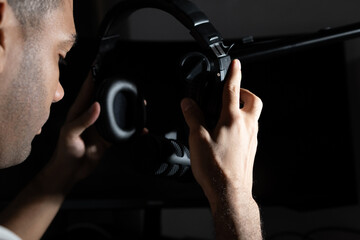 Podcast streaming microphone and headphones recording at home