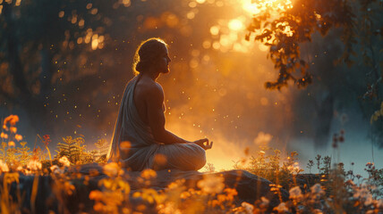 Man meditating in nature during sunrise surrounded by glowing flowers and misty forest atmosphere
