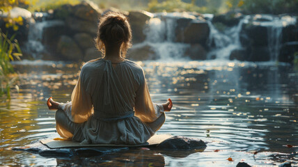 Woman meditating by a serene river with a waterfall in the background under soft natural morning light
