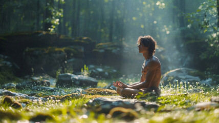 Shirtless man meditating in a sunlit forest clearing surrounded by rocks and greenery