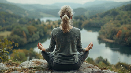 Woman meditating in lotus position on mountain cliff overlooking forest and river valley during autumn morning