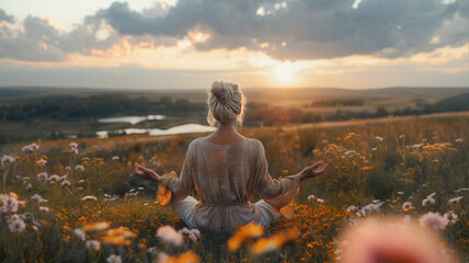 Woman meditating in a wildflower field at sunset with peaceful posture and scenic horizon