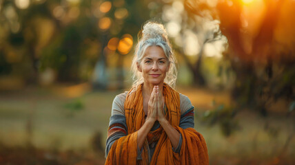 Smiling mature woman in prayer pose with orange shawl in serene autumn park at sunset