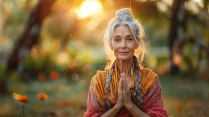 Serene older woman with braids and bindi in prayer pose at golden sunset in peaceful garden