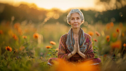Peaceful elderly woman meditating in prayer pose among blooming orange flowers at sunset