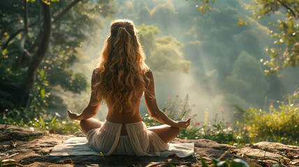Young woman meditating topless in lotus position on forest cliff surrounded by morning sunlight and mist
