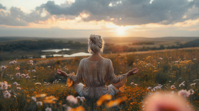 Woman meditating in a wildflower field at sunset with peaceful posture and scenic horizon - Powered by Adobe