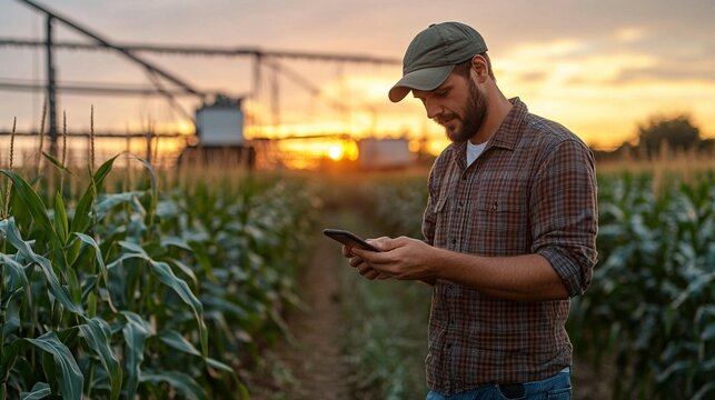 Farmer using phone in a cornfield at sunset - Powered by Adobe
