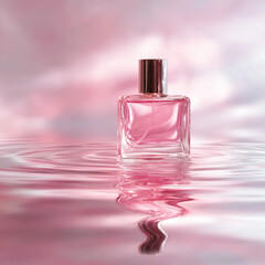  Pink cosmetic serum bottle gently placed on still water surface on transparent background