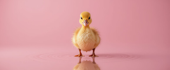 Cute baby duck standing on reflective surface with pink pastel background, perfect for children's themes, springtime visuals, and playful animal designs