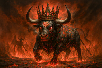 Demonic Crowned Bull with Glowing Eyes and Pentagram in Fiery Apocalyptic Underworld Scene