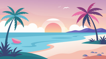 Pastel Sunset Tropical Beach Scene with Pink and Teal Palm Trees and Pink Boat vector
