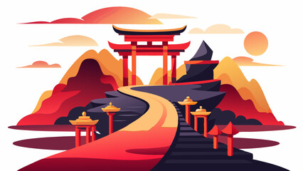 Winding Stone Path Leading to Red Torii Gate in Mountain Landscape Sunset Scene winding path red gate