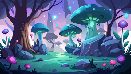 Mystical Glowing Mushroom Glade with Purple and Teal Fungi Vines and Rocks on a White Background mushrooms