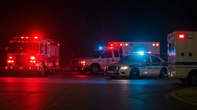 Emergency Response Vehicles at Night with Flashing Lights