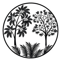 Simple tree and forest plant silhouettes form a peaceful nature scene&mdash;tall trunks, leafy tops, and gentle curves capture the calm and beauty of the wild in minimal style.
