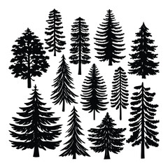 Obraz premium A collection of pine tree silhouettes in various shapes and sizes, perfect for nature designs, forest themes, or rustic decor with a bold, evergreen aesthetic. 