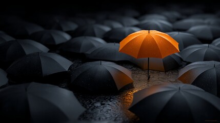 A bright orange umbrella open among dozens of closed black umbrellas in the rain, symbolizing optimism, individuality, and choosing joy despite the storm.