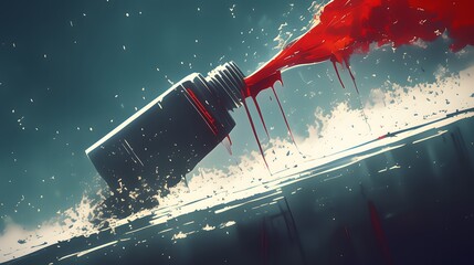 Ink Splash Art - Tilted Bottle with Red Splatter, Gradient Sky Background Illustration