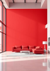 Naklejka premium Contemporary interior design living room with red sofa and empty red wall background 3d rendering 3d illustration Empty room interior design striking structures