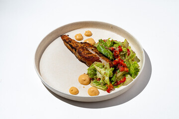 A beautifully arranged dish featuring a perfectly grilled fish fillet alongside a colorful salad of fresh greens, tomatoes, and a flavorful creamy dressing, all illuminated by sunny light