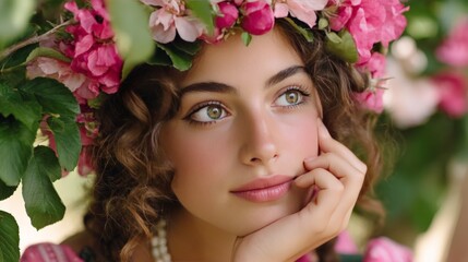 Naklejka premium Young woman with curly hair and floral crown gazing thoughtfully into the distance