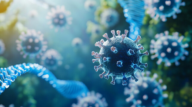 Visualizing the coronavirus with DNA helix in a deep blue ominous microscopics and soft diffused