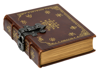 Brown leatherbound book with a metal lock and gold symbols
