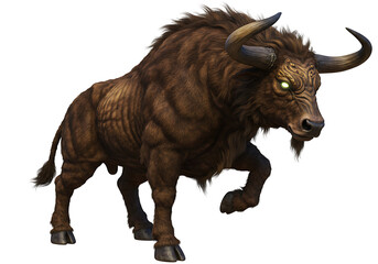 Brown muscular horned bull with glowing green eyes shown against a dark background