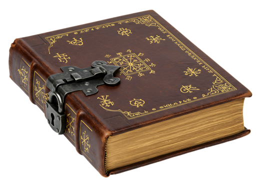 Brown leatherbound book with a metal lock and gold symbols
