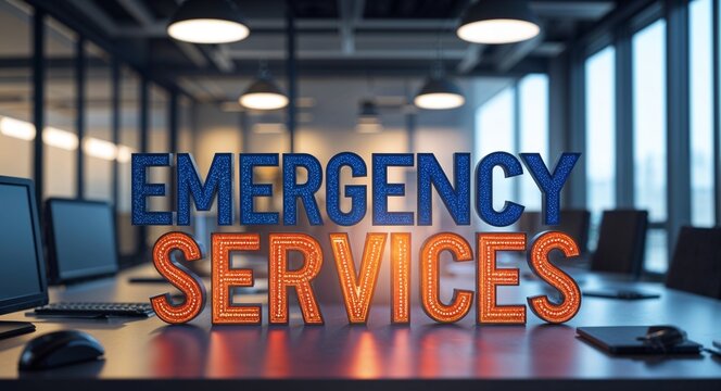 Emergency Services lettering text on blur formal work space office background