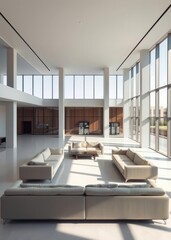 Spacious and bright living room with large windows and beautiful sofas Empty room interior design  striking structures clean lines geometric shapes dramatic angle