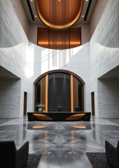 Luxury front desk lobby Empty room interior design  striking structures clean lines geometric shapes dramatic angles play of light and shadow capturing architec