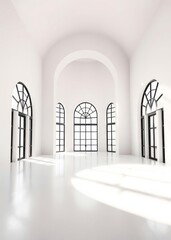 Minimalist white room with arched windows and sunlight streaming through Empty room interior design  striking structures clean lines geometric shapes dramatic ang