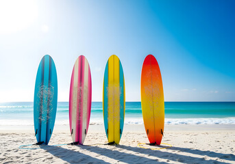 Four colorful surfboards standing upright on a pristine sandy beach on a sunny day, ready for surfing.
