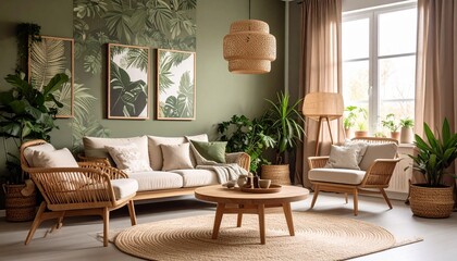 アートと植物が融合したグリーンウォールの部屋