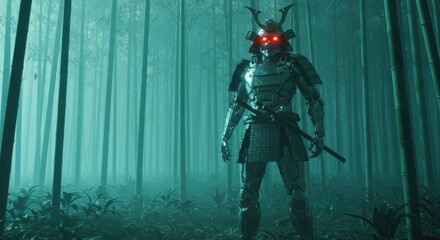 Fototapeta premium Futuristic samurai warrior in misty bamboo forest mysterious environment nighttime perspective