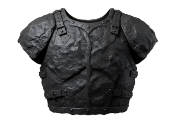 Dark stony chest armor with riveted straps on a black background