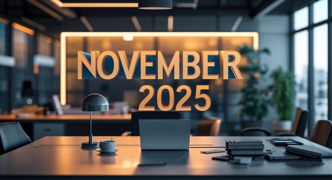 november 2025 lettering text on blur formal work space office background