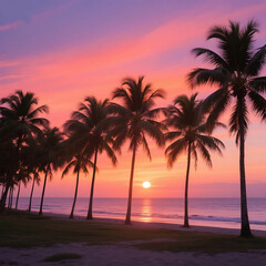 Tropical sunset silhouettes palms on a Hawaiian beach, painting the sky over the ocean